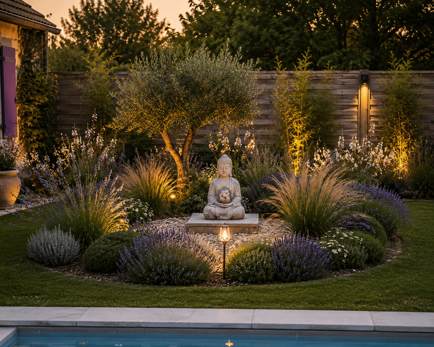 Jardin zen du Centre HUT au crépuscule — bassin, lavandes et olivier